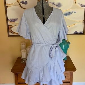 Blue and white striped ruffle wrap dress